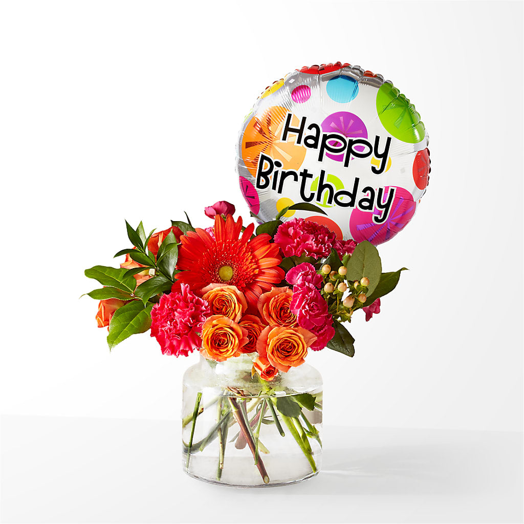 Fiesta Bouquet with Birthday Balloon – BLOOMERS FLOWER & ASHLEY JO ANTIQUES, Corry PA
