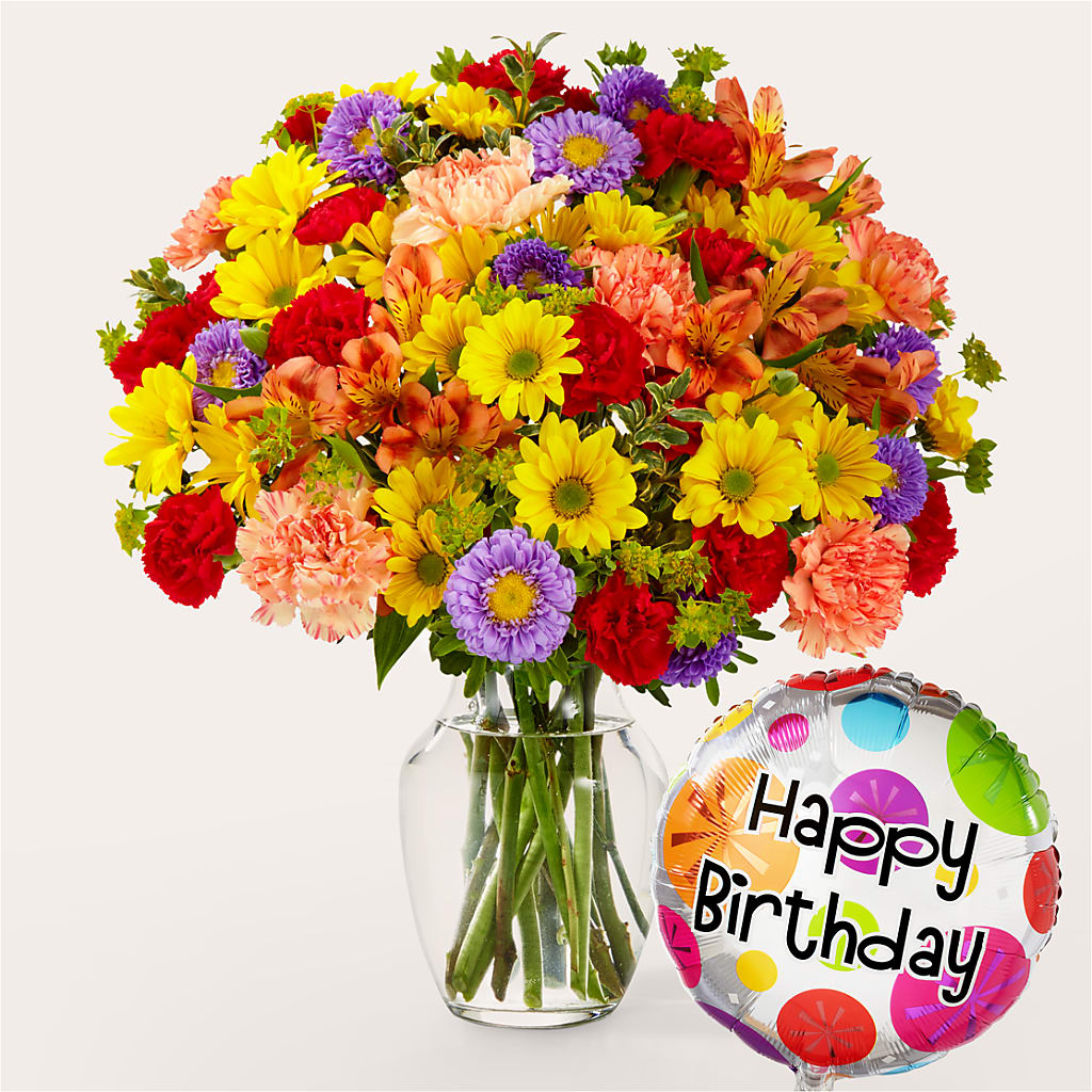 Kaleidoscope Bouquet with Birthday Balloon – BLOOMERS FLOWER & ASHLEY JO ANTIQUES, Corry PA