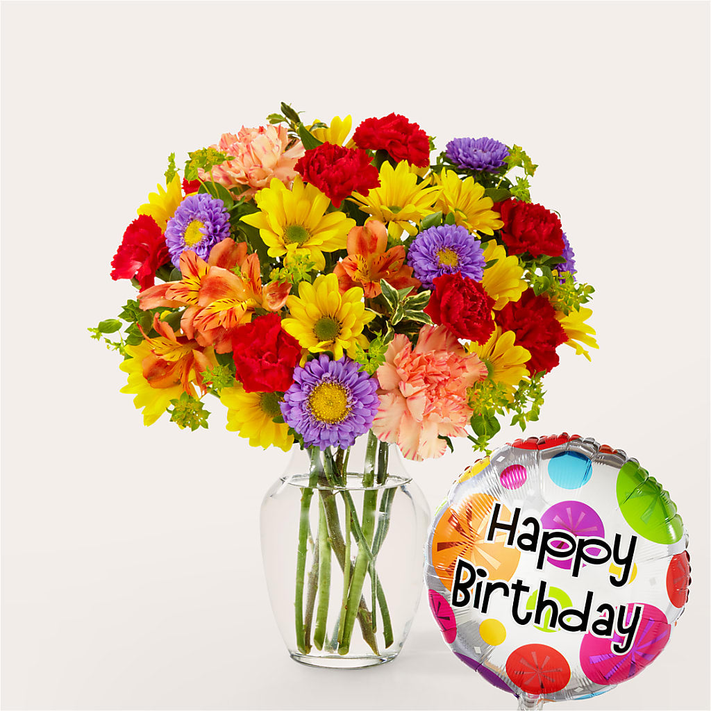 Kaleidoscope Bouquet with Birthday Balloon – BLOOMERS FLOWER & ASHLEY JO ANTIQUES, Corry PA