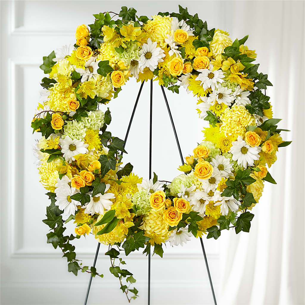 Golden Remembrance Wreath – BLOOMERS FLOWER & ASHLEY JO ANTIQUES, Corry PA