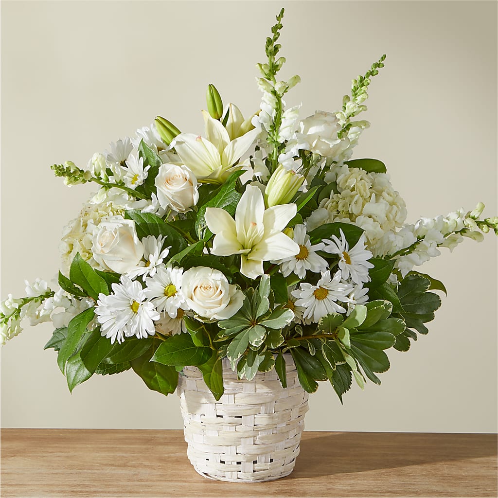 Ivory Elegance Floral Basket – BLOOMERS FLOWER & ASHLEY JO ANTIQUES, Corry PA