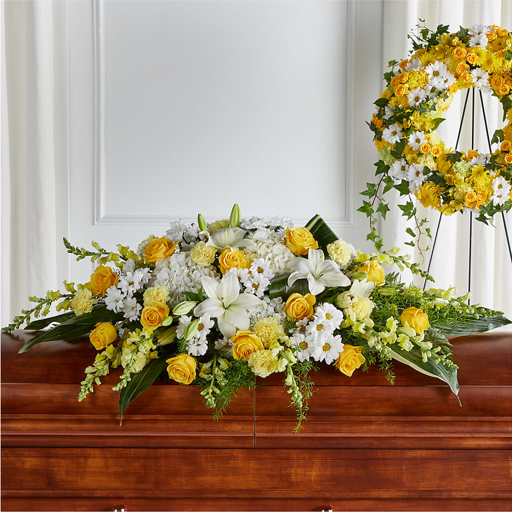 Golden Harmony Casket Spray – BLOOMERS FLOWER & ASHLEY JO ANTIQUES, Corry PA