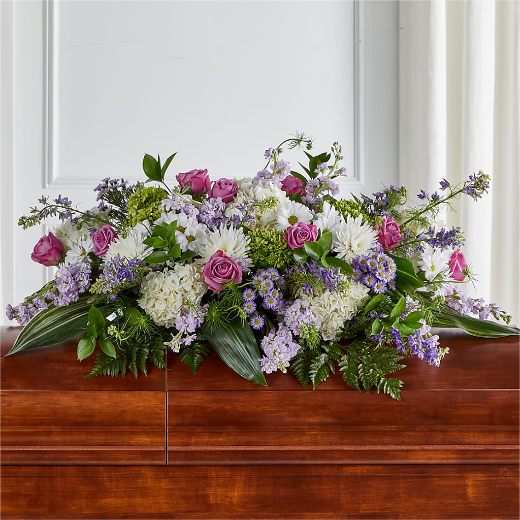 Meadows of Serenity Casket Spray – BLOOMERS FLOWER & ASHLEY JO ANTIQUES, Corry PA