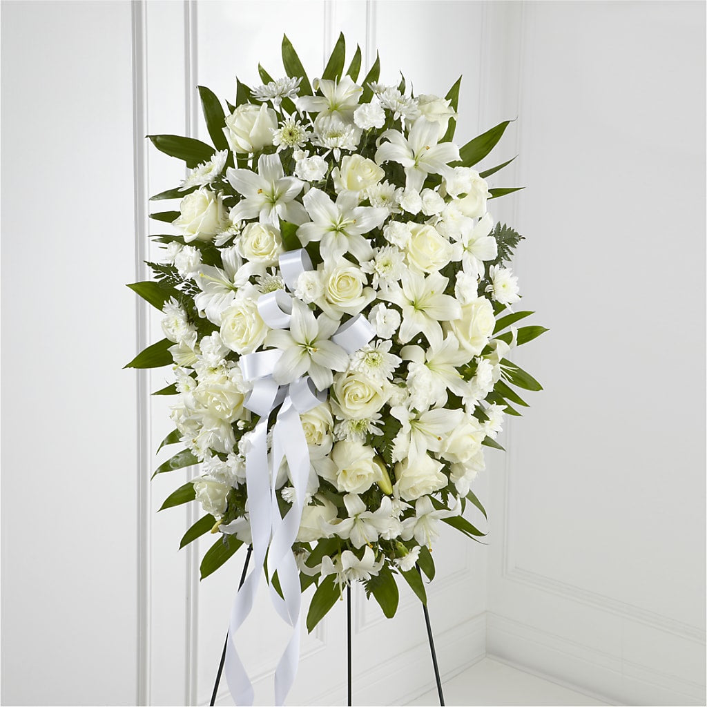 Exquisite Tribute Standing Spray-White Ribbon – BLOOMERS FLOWER & ASHLEY JO ANTIQUES, Corry PA
