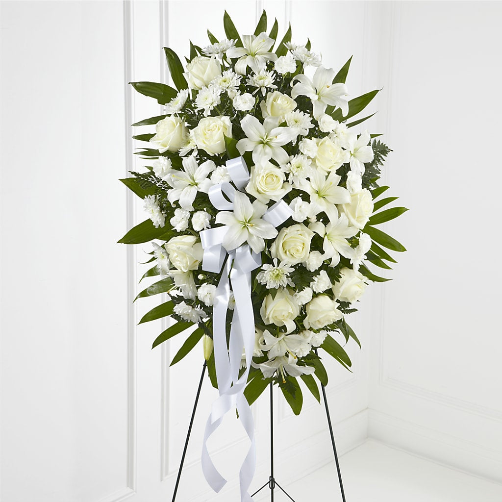 Exquisite Tribute Standing Spray-White Ribbon – BLOOMERS FLOWER & ASHLEY JO ANTIQUES, Corry PA