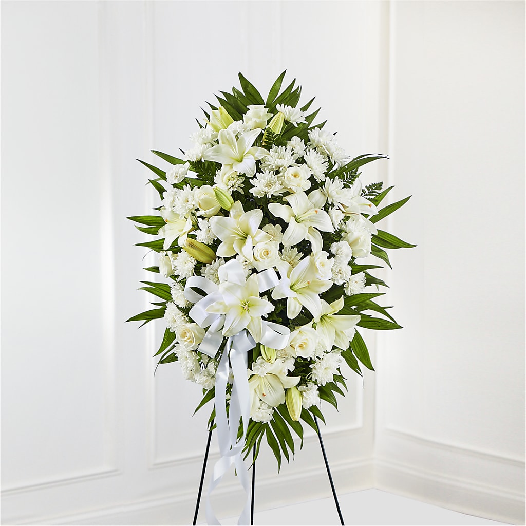 Exquisite Tribute Standing Spray-White Ribbon – BLOOMERS FLOWER & ASHLEY JO ANTIQUES, Corry PA
