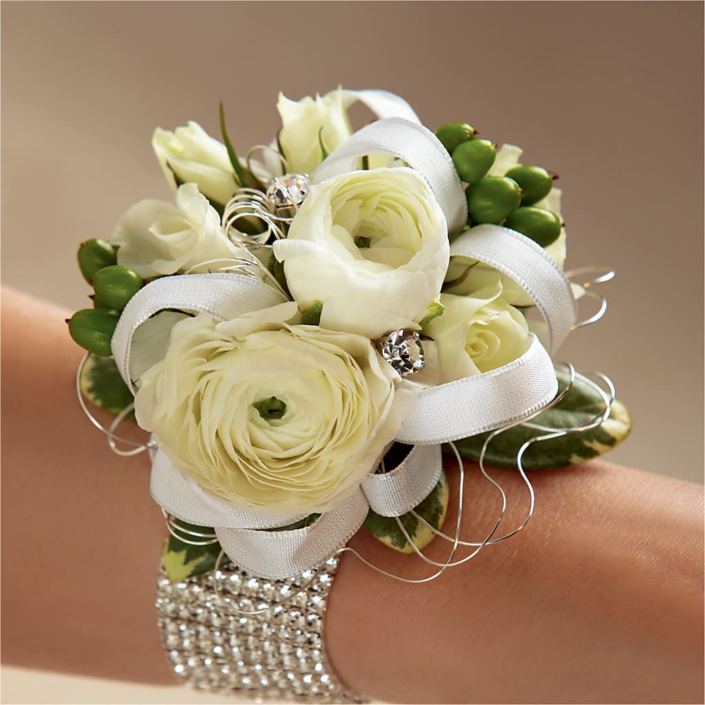 White Wedding Corsage – BLOOMERS FLOWER & ASHLEY JO ANTIQUES, Corry PA