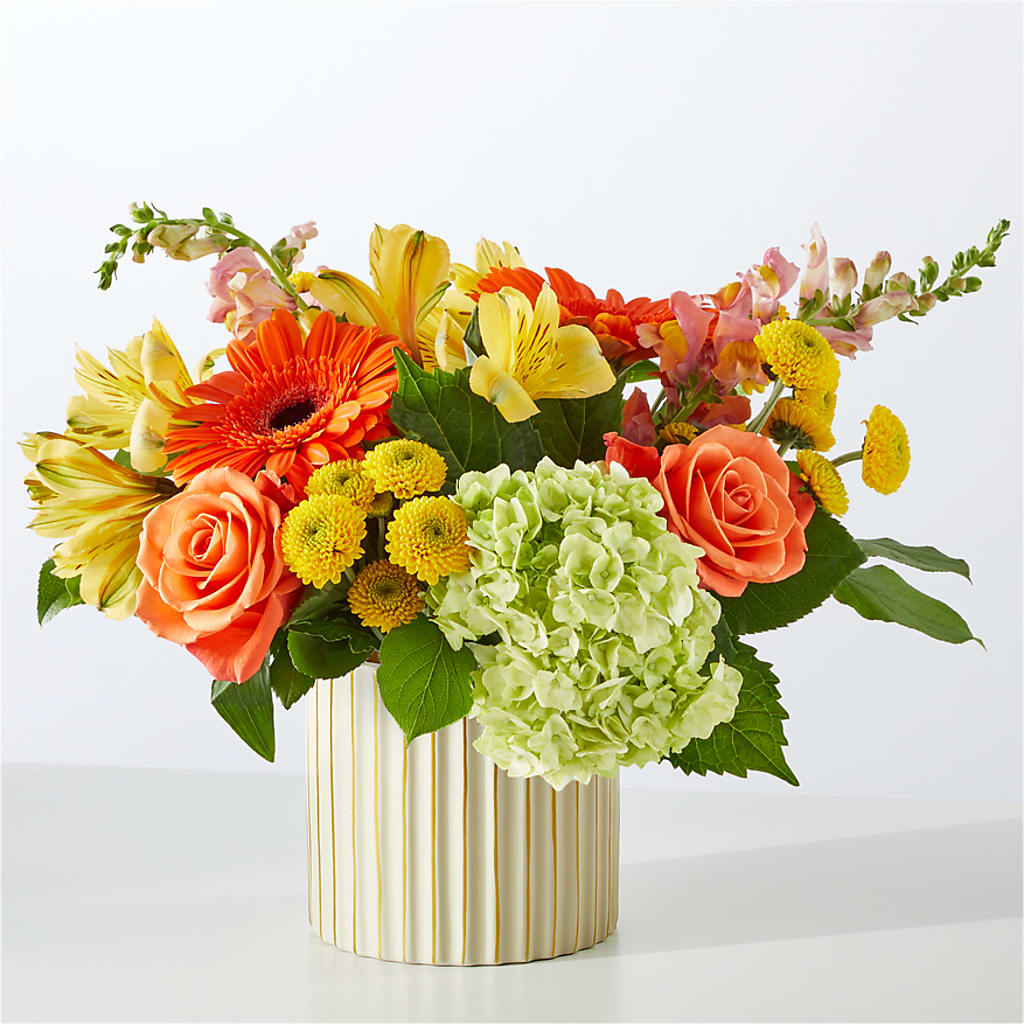 Autumn Sunshine Bouquet with Ivory Vase – BLOOMERS FLOWER & ASHLEY JO ANTIQUES, Corry PA