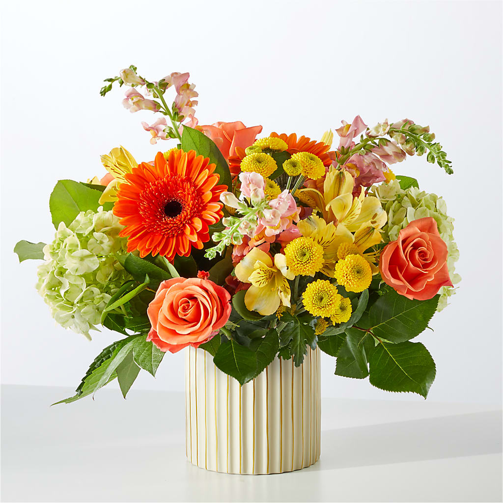 Autumn Sunshine Bouquet with Ivory Vase – BLOOMERS FLOWER & ASHLEY JO ANTIQUES, Corry PA