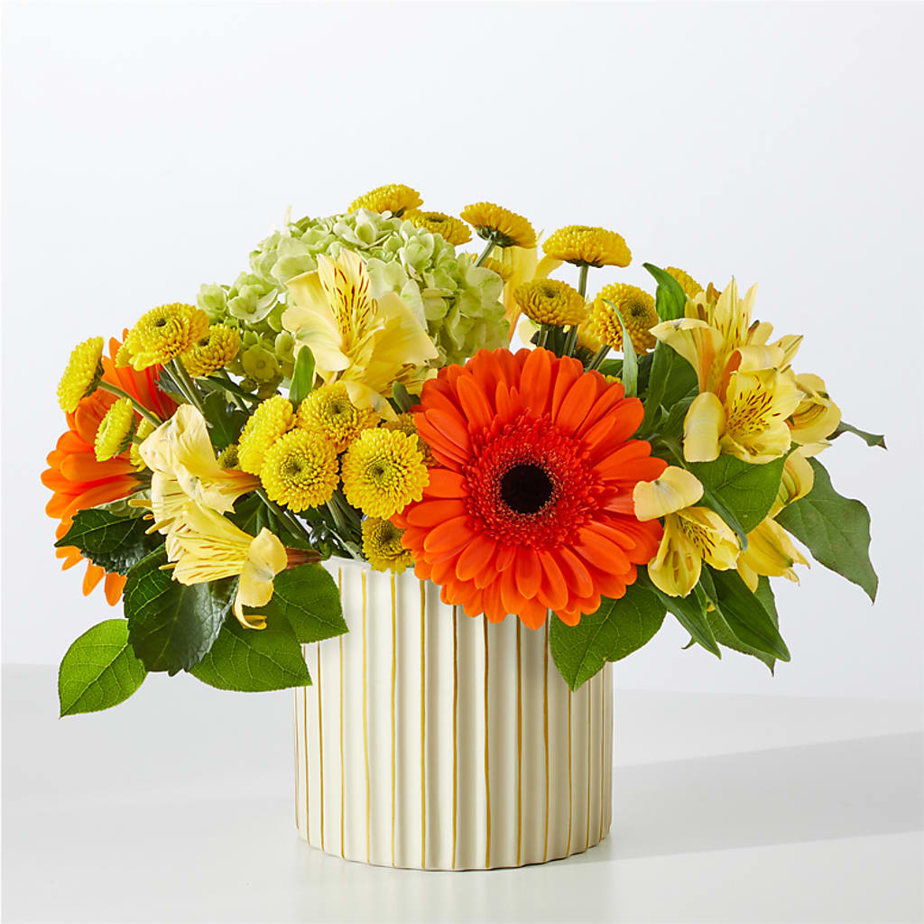 Autumn Sunshine Bouquet with Ivory Vase – BLOOMERS FLOWER & ASHLEY JO ANTIQUES, Corry PA