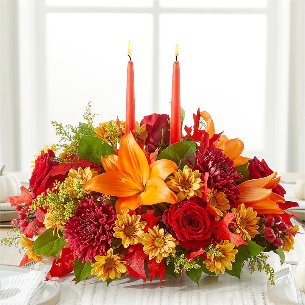 Autumn's Embrace Centerpiece – BLOOMERS FLOWER & ASHLEY JO ANTIQUES, Corry PA