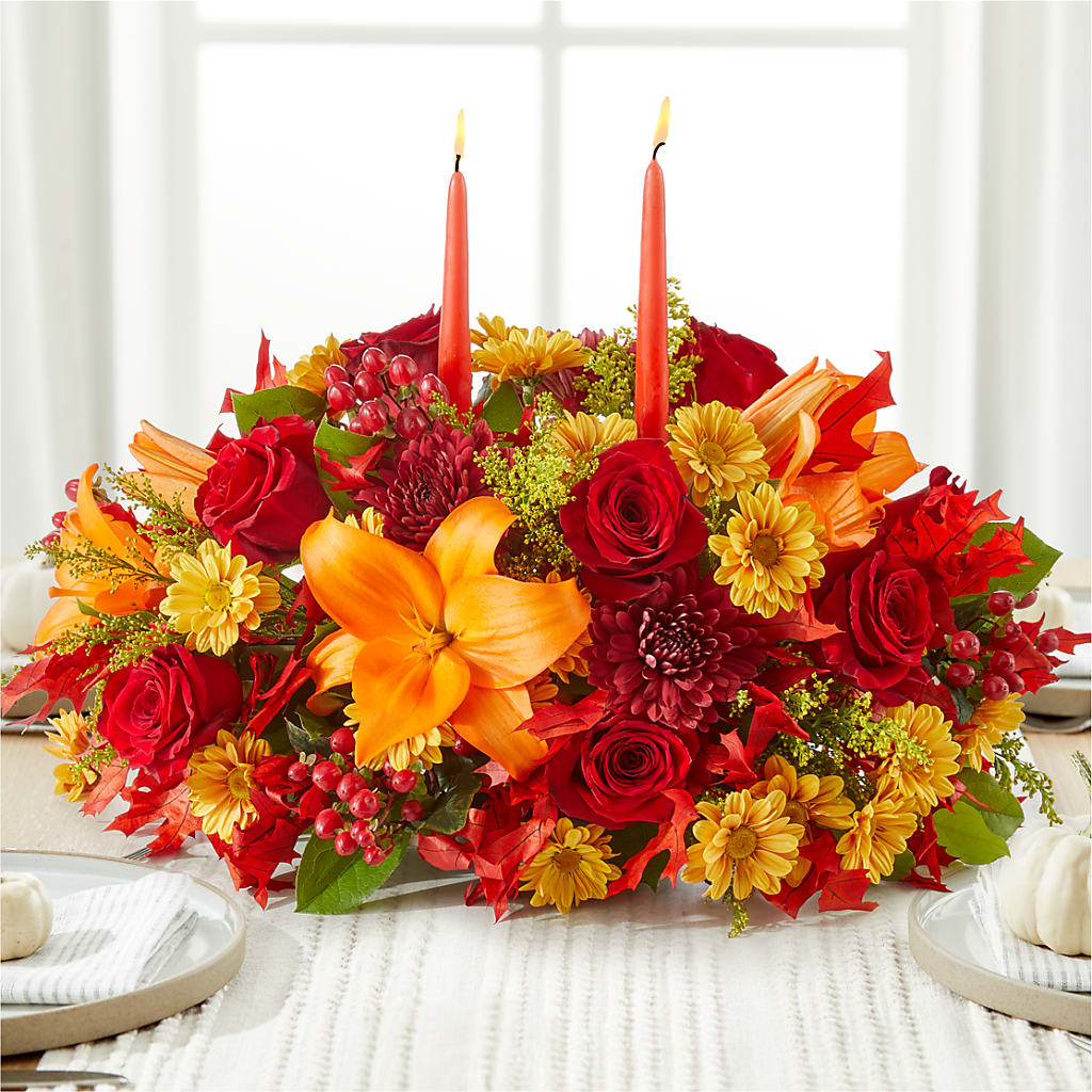 Autumn's Embrace Centerpiece – BLOOMERS FLOWER & ASHLEY JO ANTIQUES, Corry PA