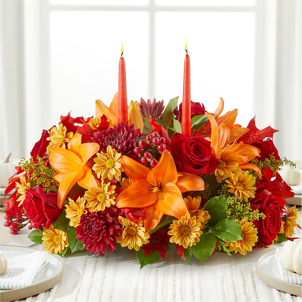 Autumn's Embrace Centerpiece – BLOOMERS FLOWER & ASHLEY JO ANTIQUES, Corry PA